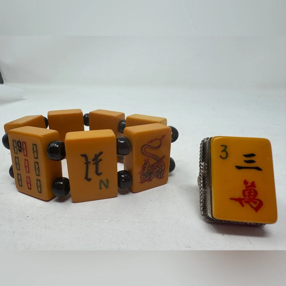 Vintage Butterscotch Bakelite Mahjong Bracelet and Ring - Picture 3 of 4